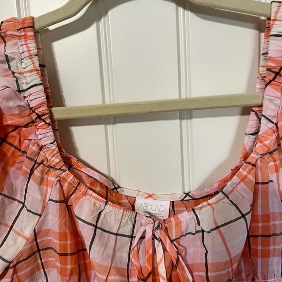 ABOUND Coral Plaid Puff Sleeve Crop Top Cottagecore Ruched Front Blouse‎ Size S - Picture 7 of 9